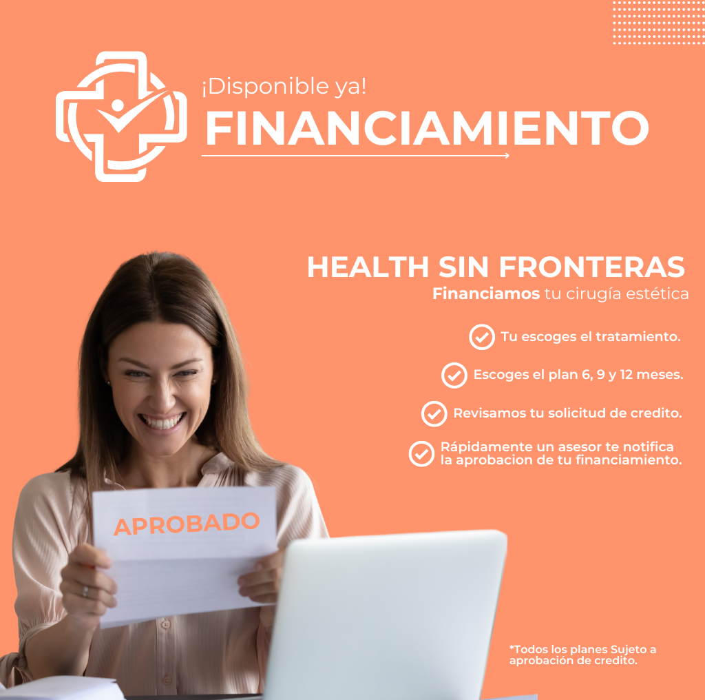 Anuncio de financiamiento de 6, 9 y 12 meses para los 9 servicios estéticos ofrecidos por Health Sin Fronteras. La imagen muestra números destacados en negrita: 6, 9 y 12, rodeados de iconos representativos de los servicios estéticos como tratamientos faciales, masajes y cuidado de la piel. En la parte inferior, el texto 'Fácil y sencillo' resalta la accesibilidad del financiamiento. Diseño moderno y atractivo para promover la oferta de financiamiento sin preocupaciones para los clientes.